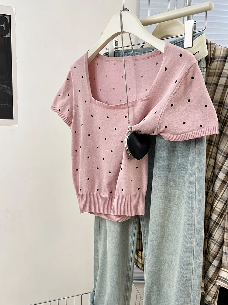 

Женская трикотажная футболка больших размеров ort Sve с квадратным воротником в горошек, стандартный крой, летний дизайн, топ небольшого размера