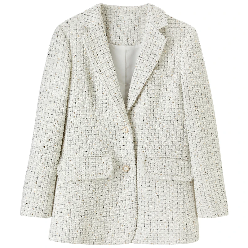 SENTUBILA Women's Tweed Blazer 2026 Spring Chic Notched Lapel Long Sleeve Loose Fit Office Lady New Outerwear 153XC3530X