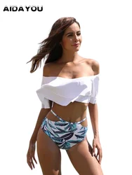 Damski dwuczęściowy strój kąpielowy Off Shoulder potargane falbany krótki top Bikini z wycięciem na dole zestaw out205