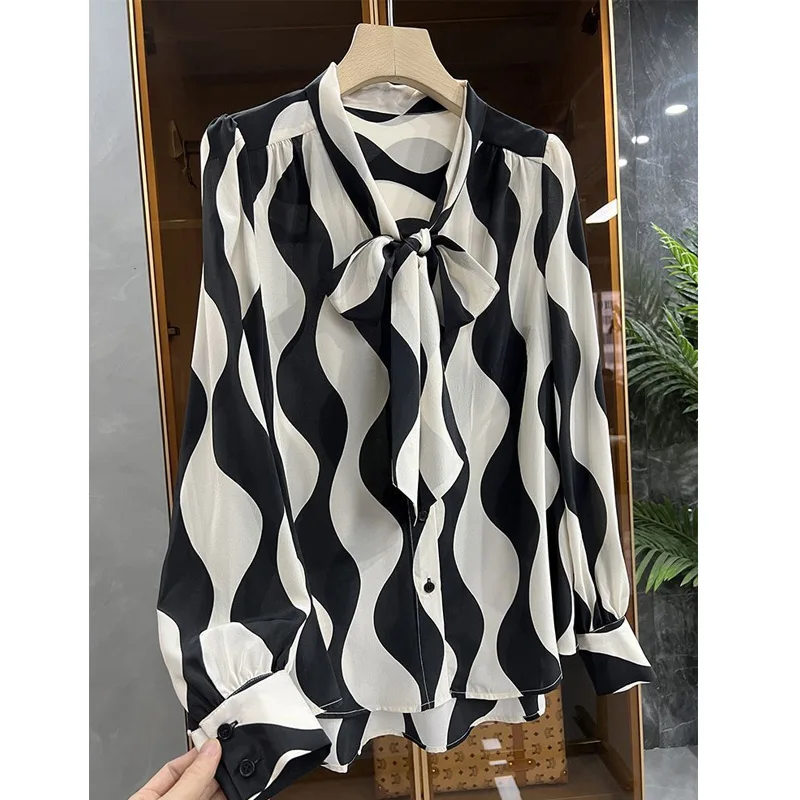 Spring Summer New Bow Patchwork Printing Shirt Tops Long Sleeve Loose Thin Vintage Striped Blouse Elegant Fashion Women Clothing