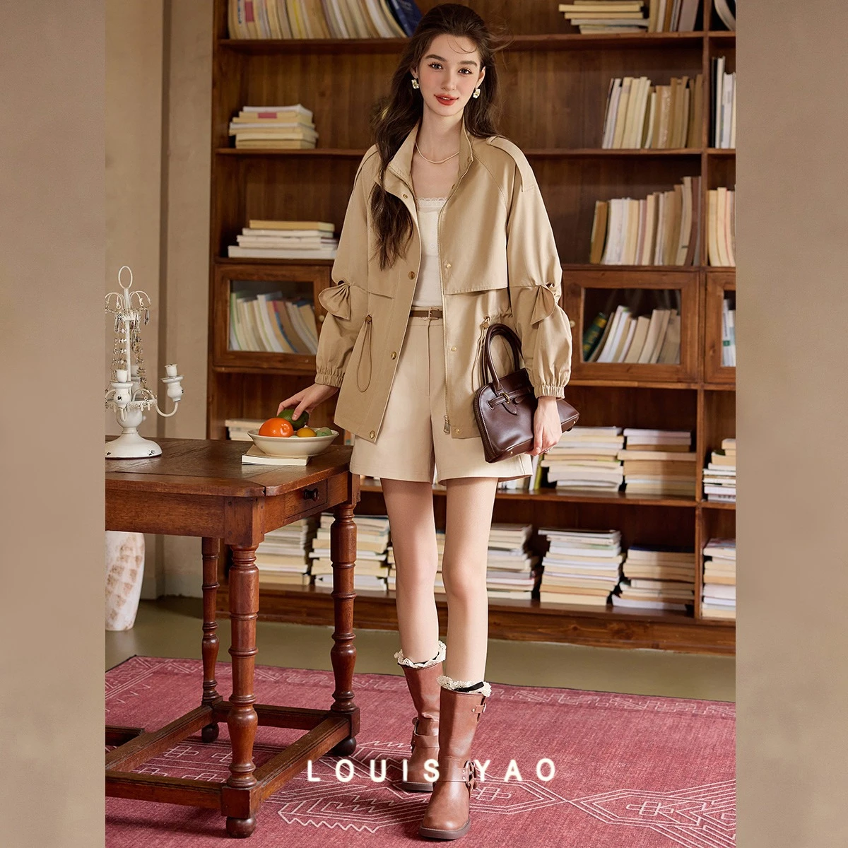 LOUIS YAO Commuter Women's Trench Coat 2025 Fall Woven Non-Stretch Drop Sleeves Stand Collar Solid-Color Casual Cardigan Coat