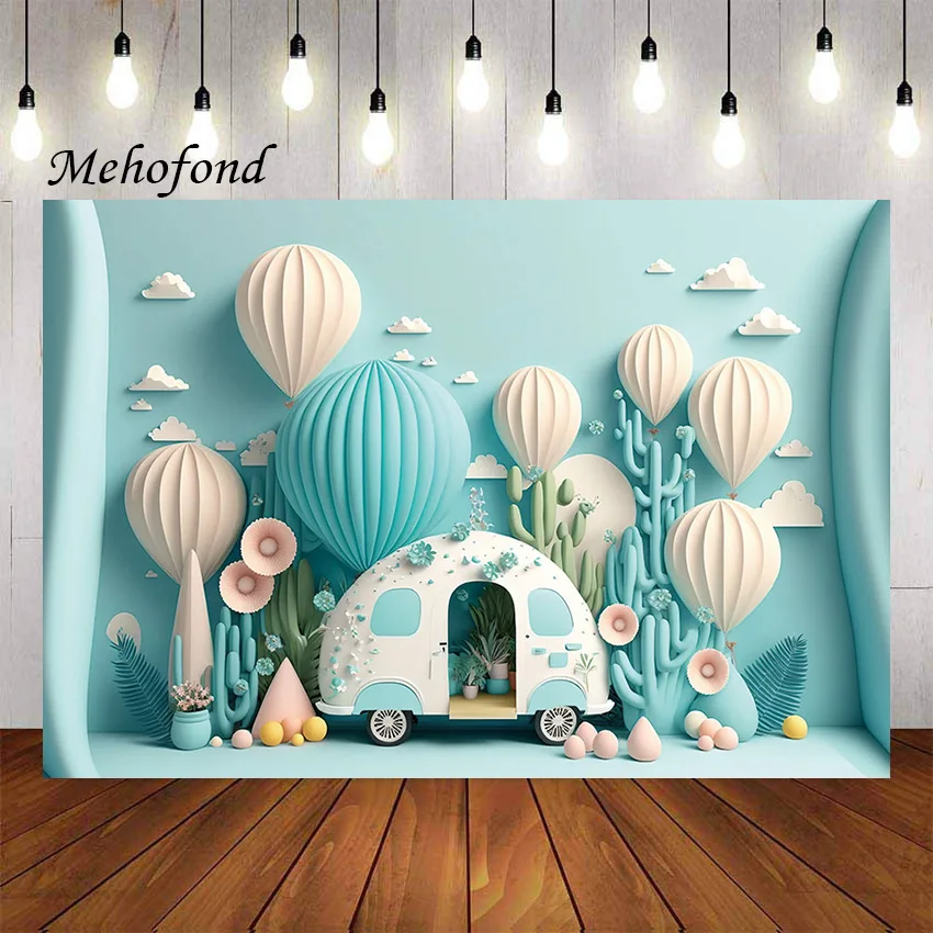 Mehofond Photography Background Blue Cactus Hot Air Balloon Flowers Kids Birthday Party Cake Smash Decor Backdrop Photo Studio