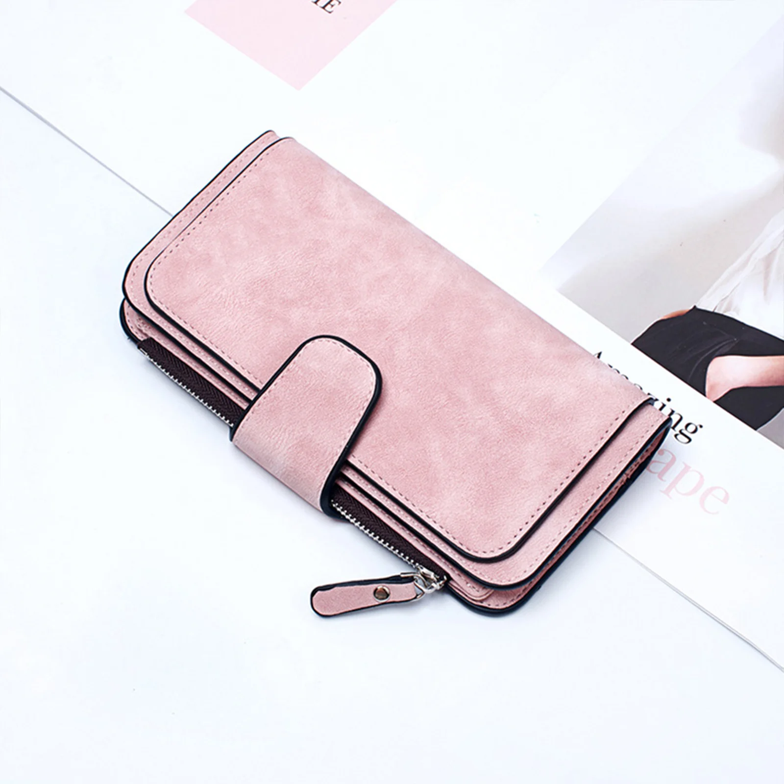 Portafoglio con chiusura a scatto per donna Portafoglio lungo in PU satinato con cinturino da polso Borsa con cerniera Pochette multitasche Uso quotidiano Rosa