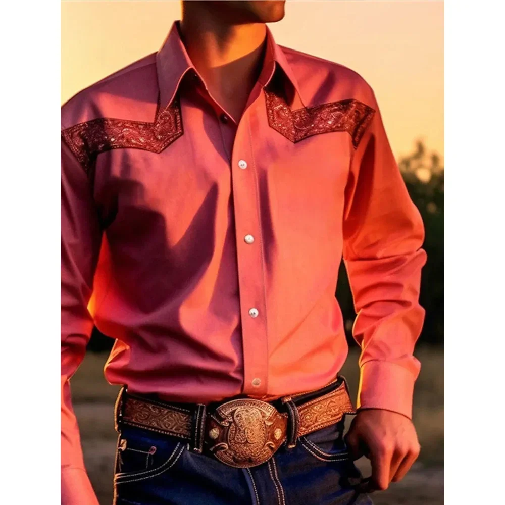 Men's Shirt Yellowstone Western Denim Shirt Elegant patchwork vintage men's lapel button top Stylish casual long-sleeved shirt