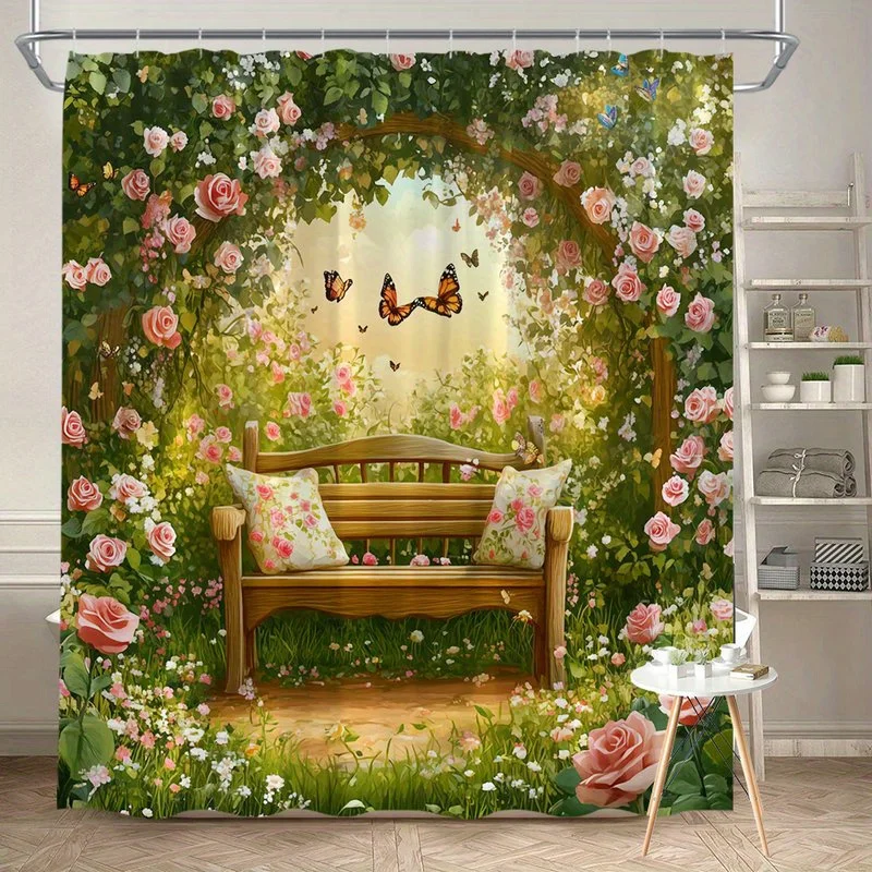 2D Flat, 1pc Romantic Garden Bench Shower Curtain- Featuring a Serene Design of Pink Roses, Green Leaves, and a Sun, Includes 12