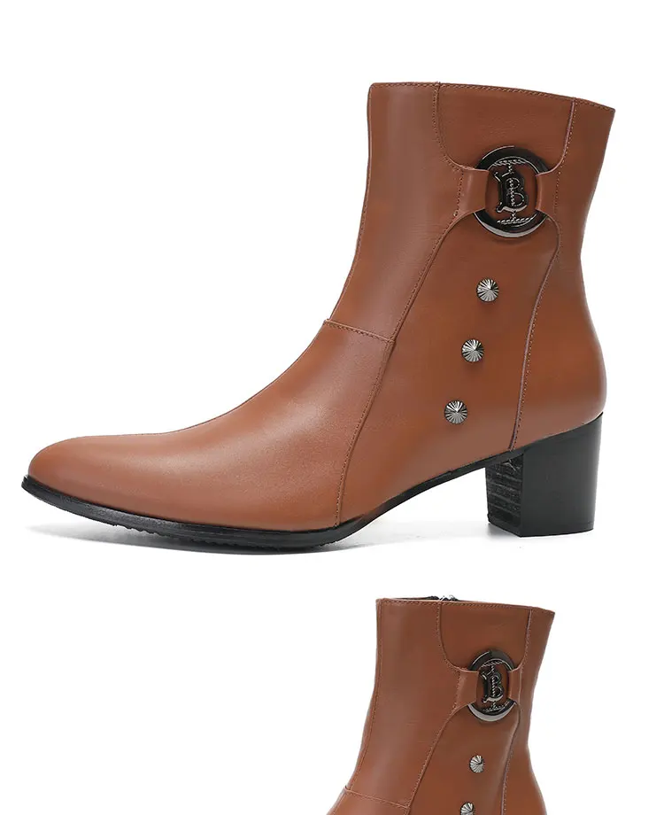 Frühling andAutumn Männer hochhackigen Quadratische kopf Bühne Laufsteg Hochzeit Stiefel top schicht rindsleder Starke Ferse Partei Heighten männer der Stiefel – Detail 1