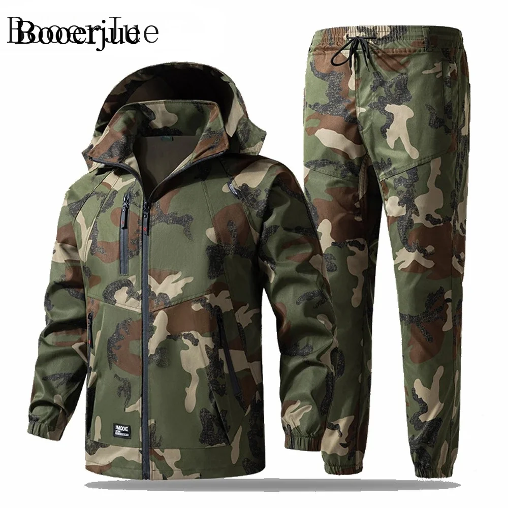 Conjunto Táctico con Capucha para Hombre, Primavera-Otoño, Camuflaje, para Exteriores, Chaqueta Impermeable + Pantalones, Ropa de Trabajo, Cortavientos