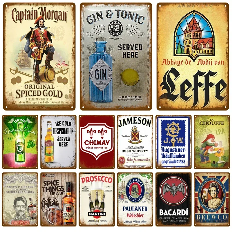 Vintage Beer Spirits Brand Metal Tin Signs Retro Captain Morgan Leffe Chimay Jameson Bacardi Paulaner Gin Whiskey Rum Iron Plaque Wall Decor for Bar Pub Garage Man Cave Home Wall Art Gift For Beverage Collectors