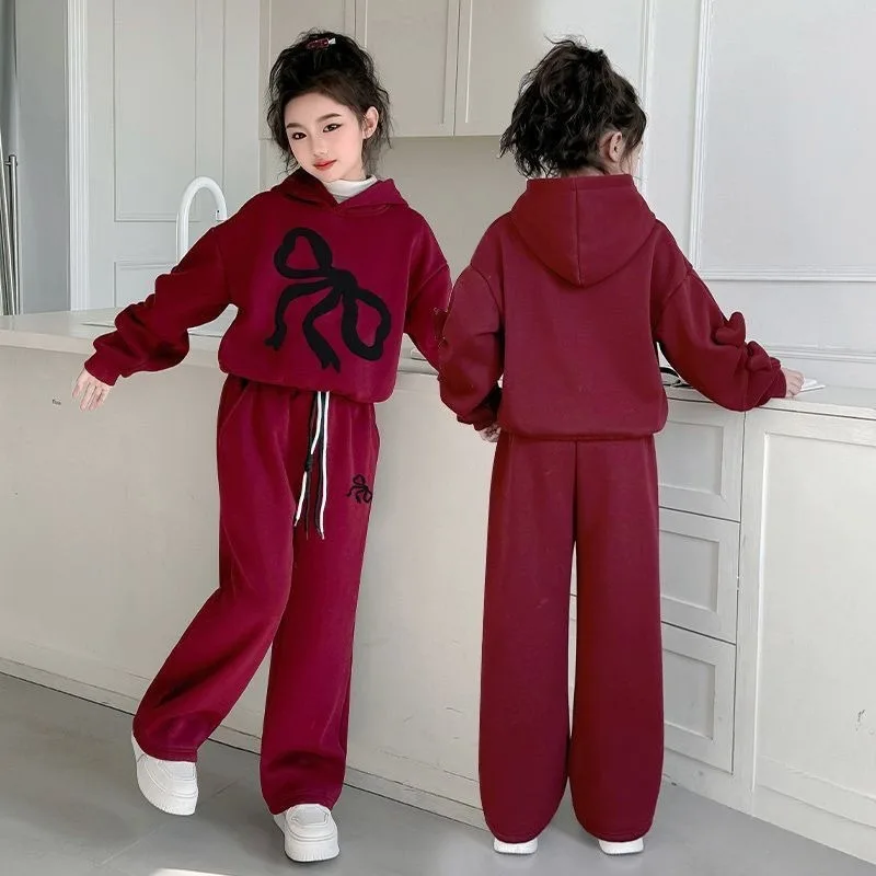 Fleece-lined Top & Pants 2-Piece Set Hoodies Bow Girls' Outfits Children's Clothing Korean Kids Clothes 11 12 Years Girl