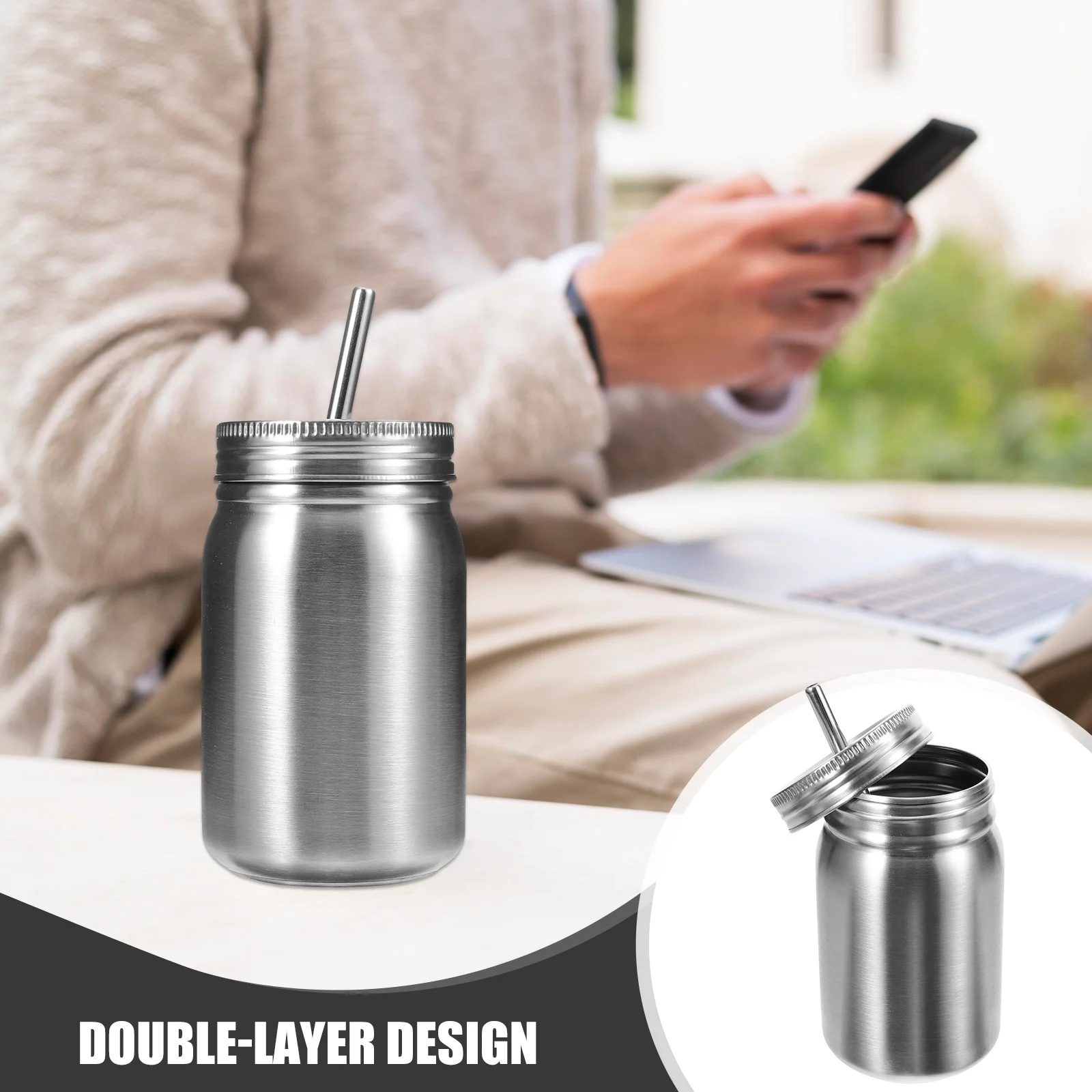 

2 pcs Stainless Steel Mason Jars 500Ml Double Layer Leakproof Juice Cup For Home Office Kitchen Storage Container
