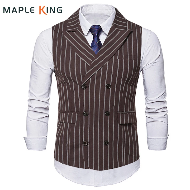 Men Brown Suit Vest Jacket Steampunk Clothing 2022 Vintage Striped Double Breasted Waistcoat Gilet Hombre Men Wedding Dress Vest