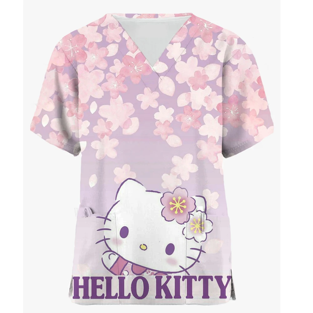 

Унифицированный эластичный Топ Hello Kitty для салона красоты, Модные приталенные аксессуары для медсестер, летняя лабораторная рабочая одежда для матовых женщин