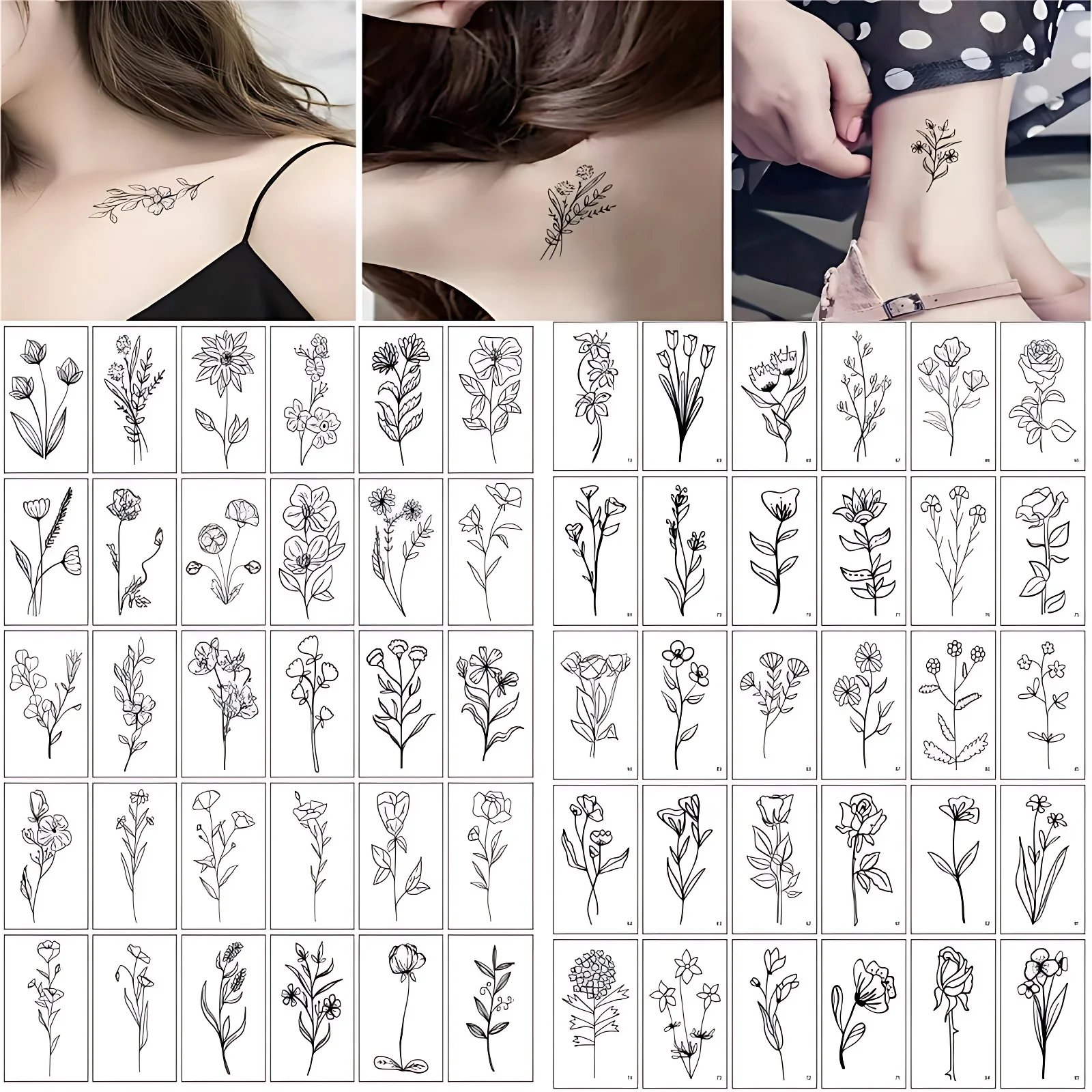 30pcs/set Tiny Floral Temporary Tattoos for Women Girl Bouquet Branch Black Flower Small Fake Tatoo Sticker Hands Wrist Clavicle