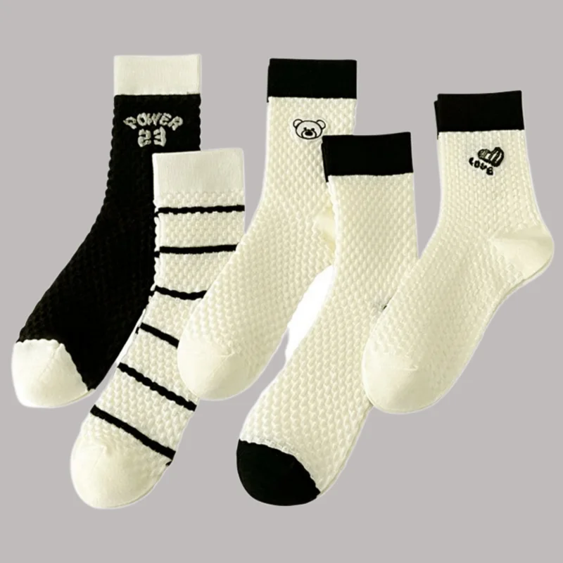 

5/10 Pairs Striped Cartoon Black and White Letter Embroidery Middle Socks Black and White Socks Spring and Autumn Women's Socks