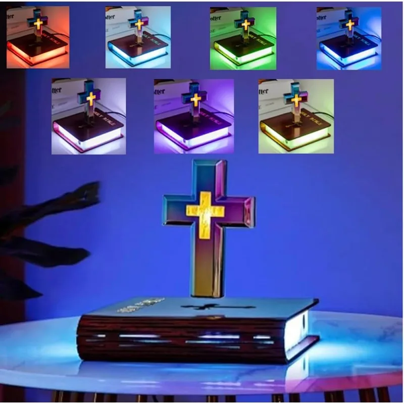 Levitating Cross Lamp Floating Jesus & Bible Night Light Magnetic Levitation Cross Ornament Glowing Cross Light Home Desk Gift view 5