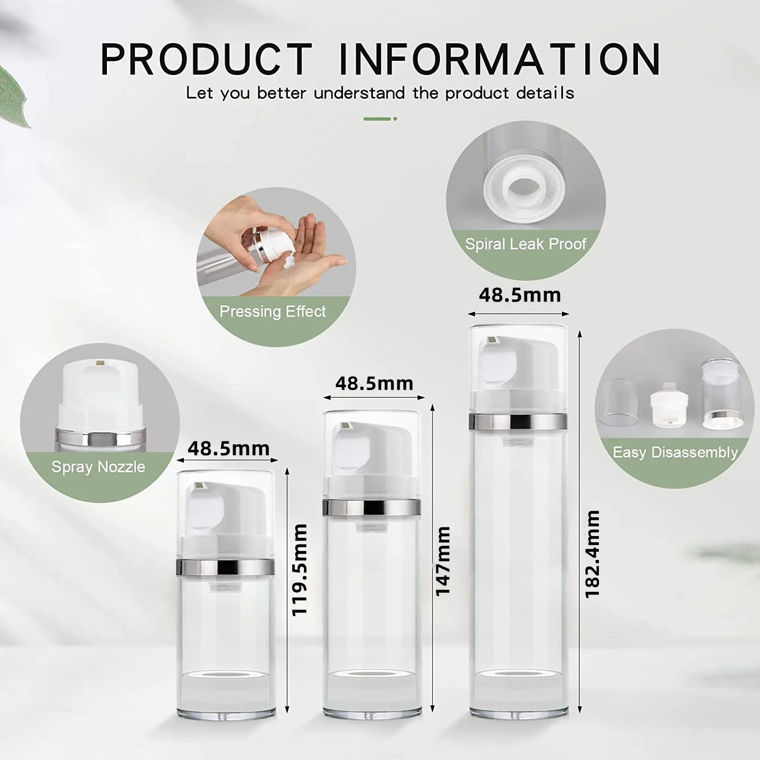 100Pcs Airless Pump Bottles 50/100/150ml Empty Moisturizer Pump Dispenser Airless Cosmetic Pump Container Travel Pump Bottles