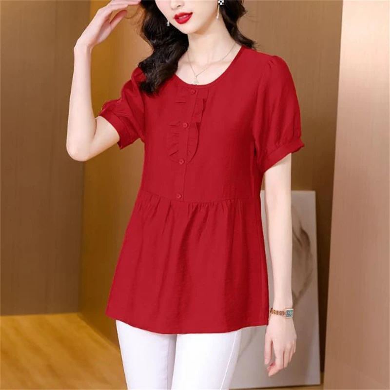 2024 Summer Women\'s Korean Fashion Ruffled Short Sleeve Blouse Office Lady Elegant Commute Shirt Casual Solid O Neck Loose Tops