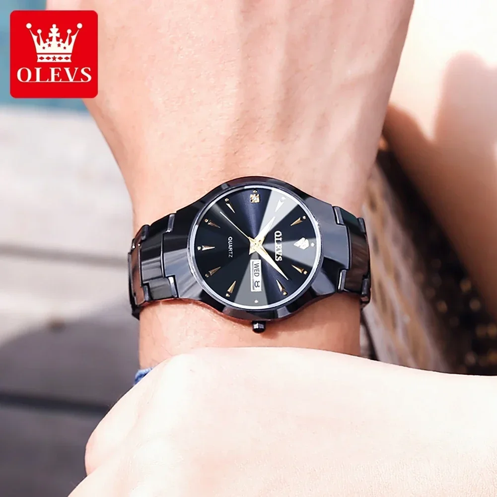 OLEVS, relojes de cuarzo de lujo para hombre, correa de acero de tungsteno dorado, relojes para hombre, reloj de pulsera de negocios con fecha luminosa resistente al agua y semana