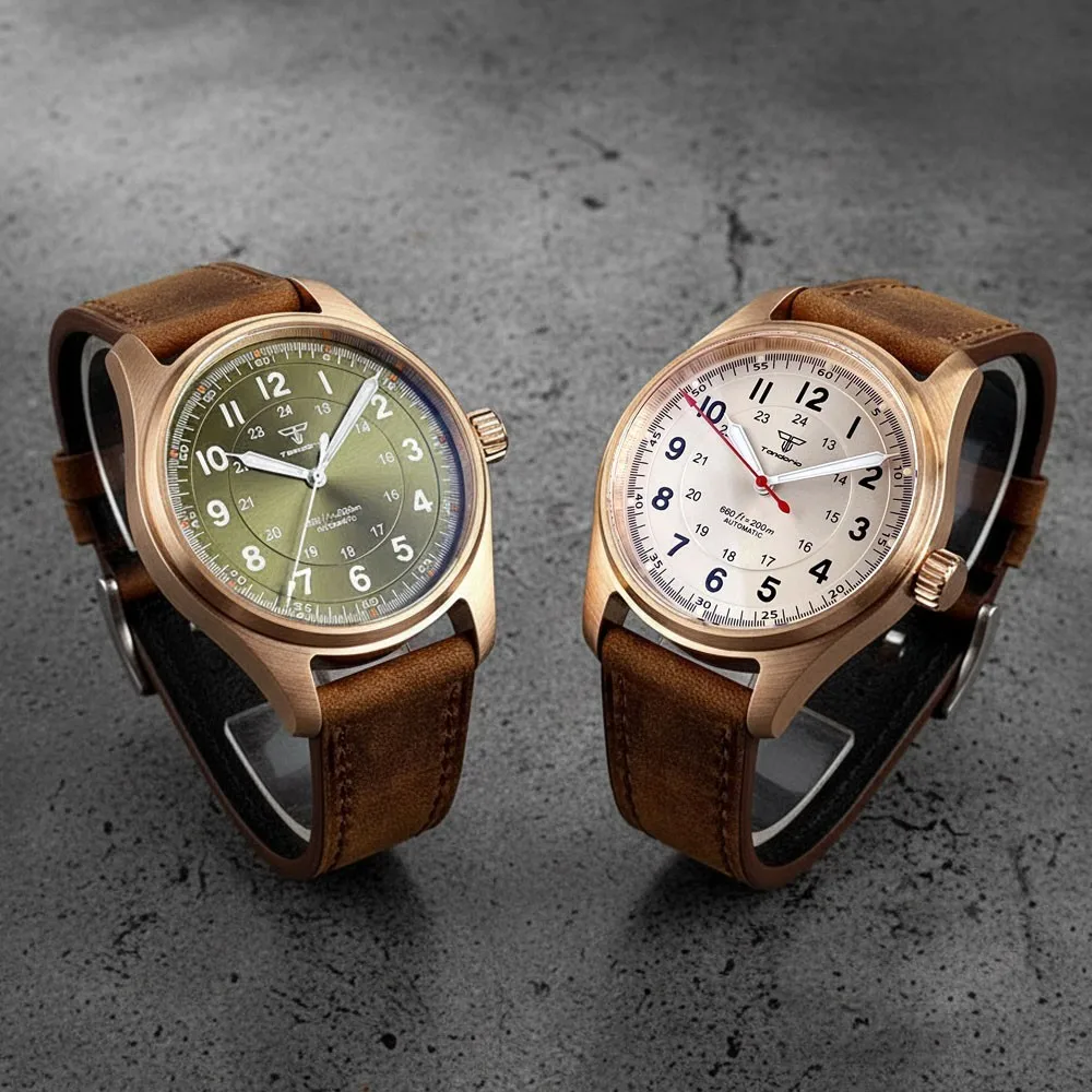 ساعة يد رجالي أوتوماتيكية من البرونز الصلب 39 ملم Tandorio باللون الأبيض والأزرق الياقوت NH35A PT5000