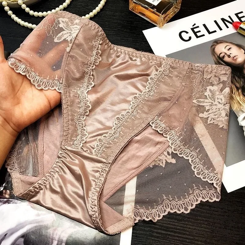 New Mid Rise Triangle Panties High End Satin Modal Underwear Women Oversized Buttocks Light Luxury Sexy Lace Cotton Crotch Brief