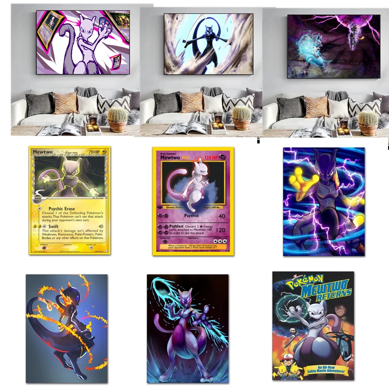 Pokemon Mewtwo Card Series Anime Peripheral Poster  Decor Wall Art Canvas Painting Modern Kids Room Decor Picture Gift