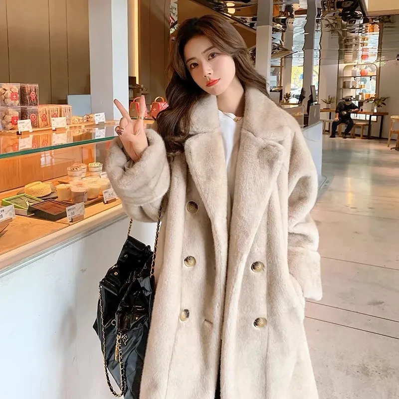 2025 가을 겨울 신상 루즈 친환경 토끼털 코트 롱 두꺼운 따뜻한 기품 있는 루즈 슈트 칼라 코트