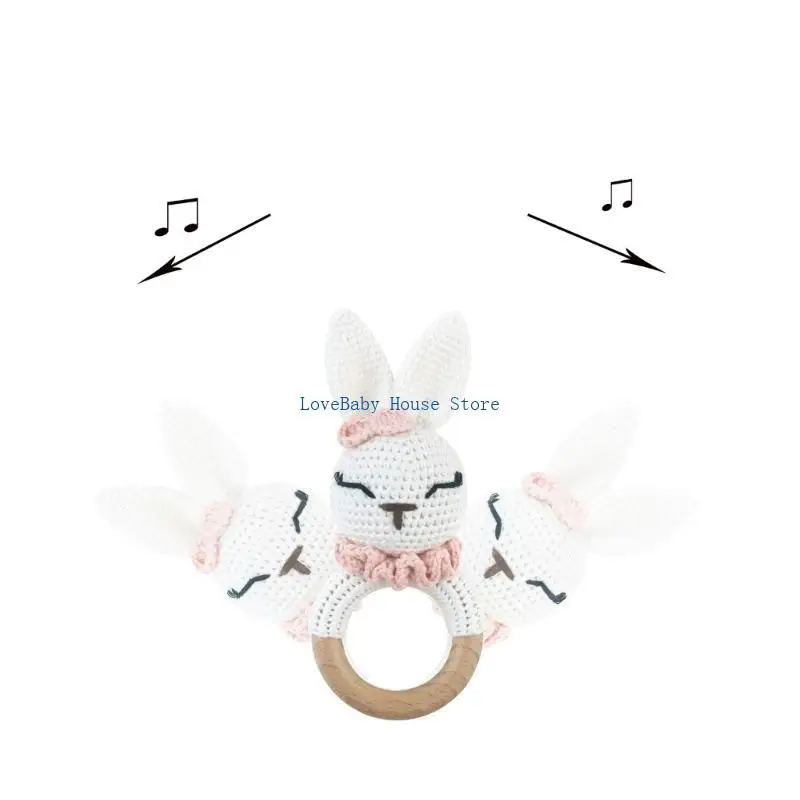 BX0D عضاضة خشبية على شكل أرنب خشخيشات للأطفال من الكرتون الكروشيه لعبة تسنين على شكل حيوانات آمنة #3