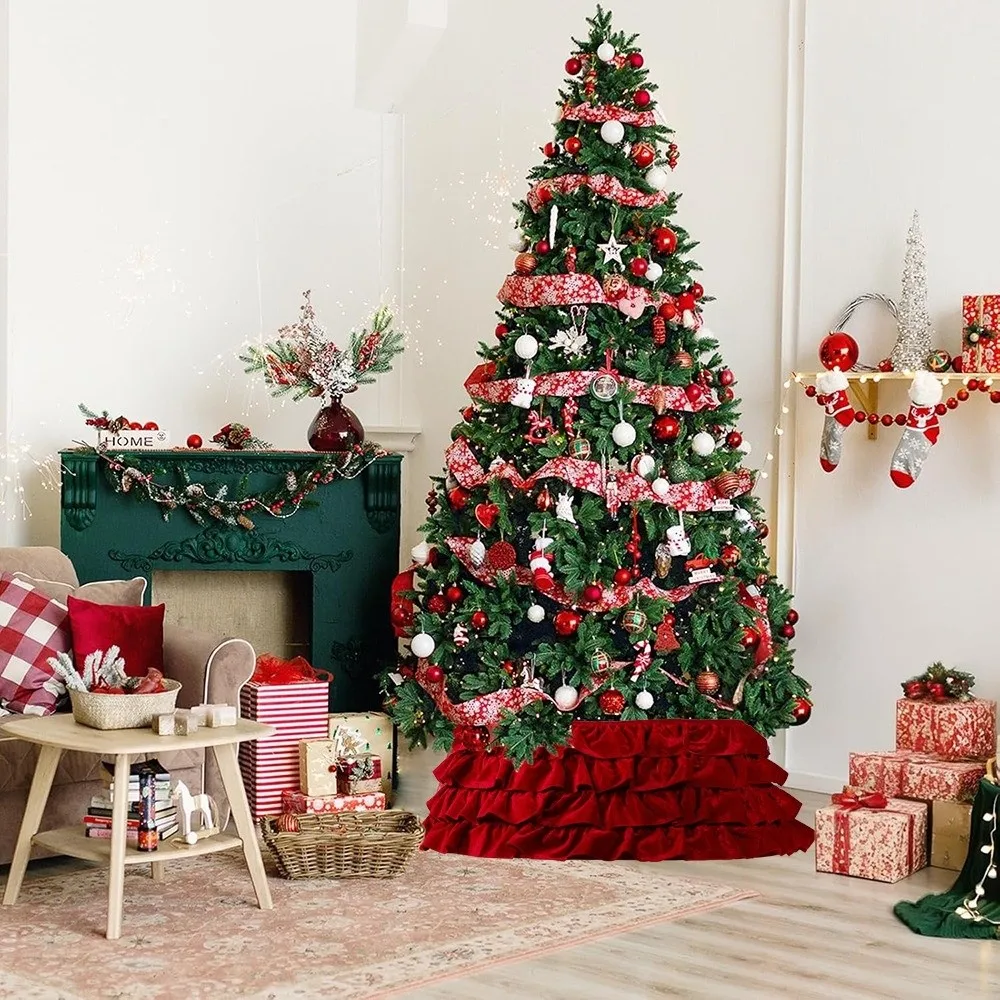 Round Christmas Tree Skirts Vintage Velvet Xmas Tree Pleated Skirts Elegant Foldable Christmas Tree Collar Home