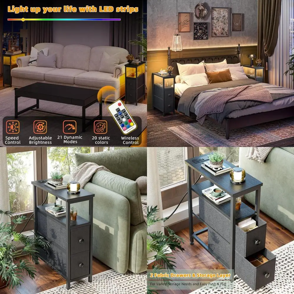 

Black Slim Nightstand with Fabric Drawers, Charging Station, and LED Light for Bedrooms and Living Rooms