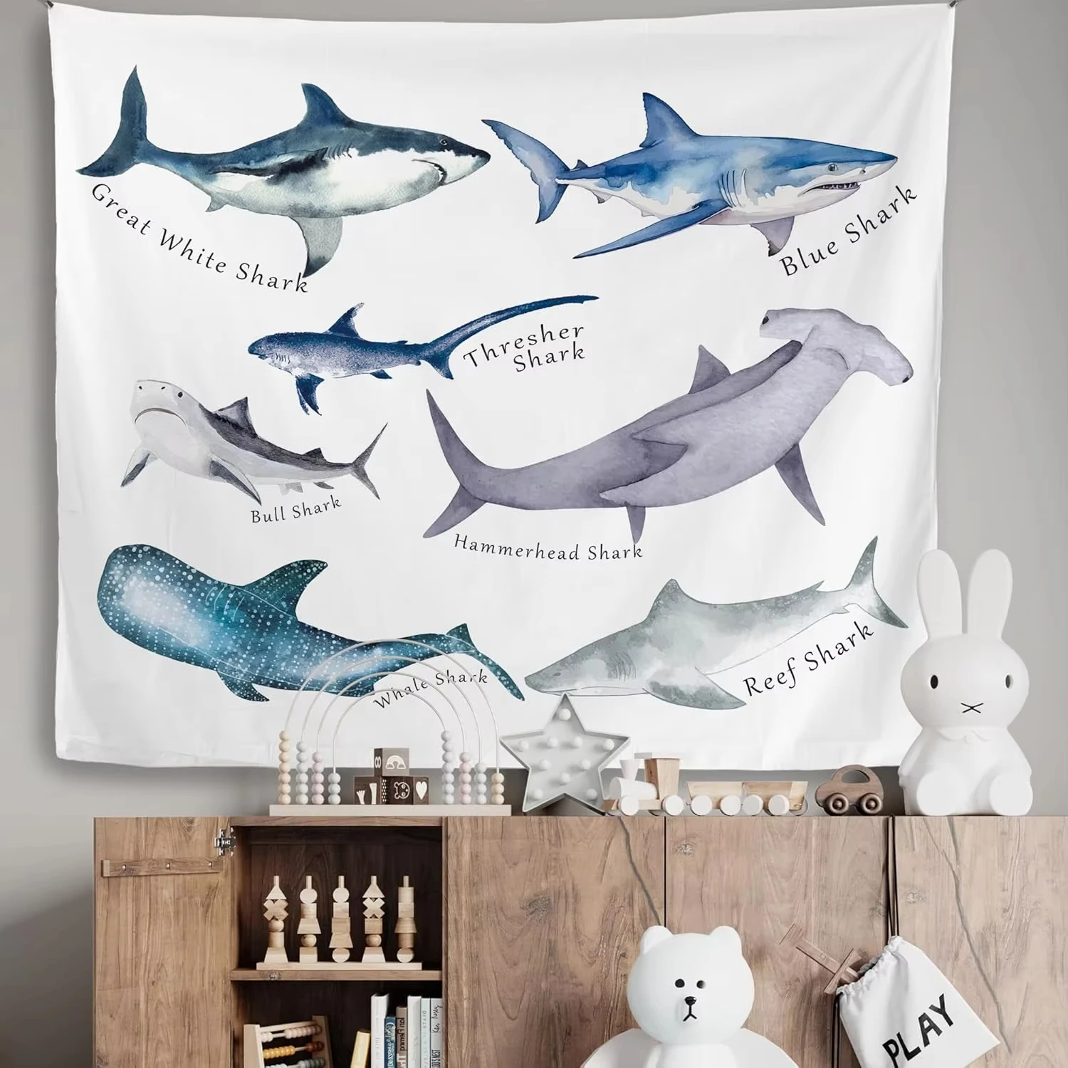 Ocean Shark Tapestry, Types of Sharks Educational Wall Hanging for Kids Room Coastal Beach Decor