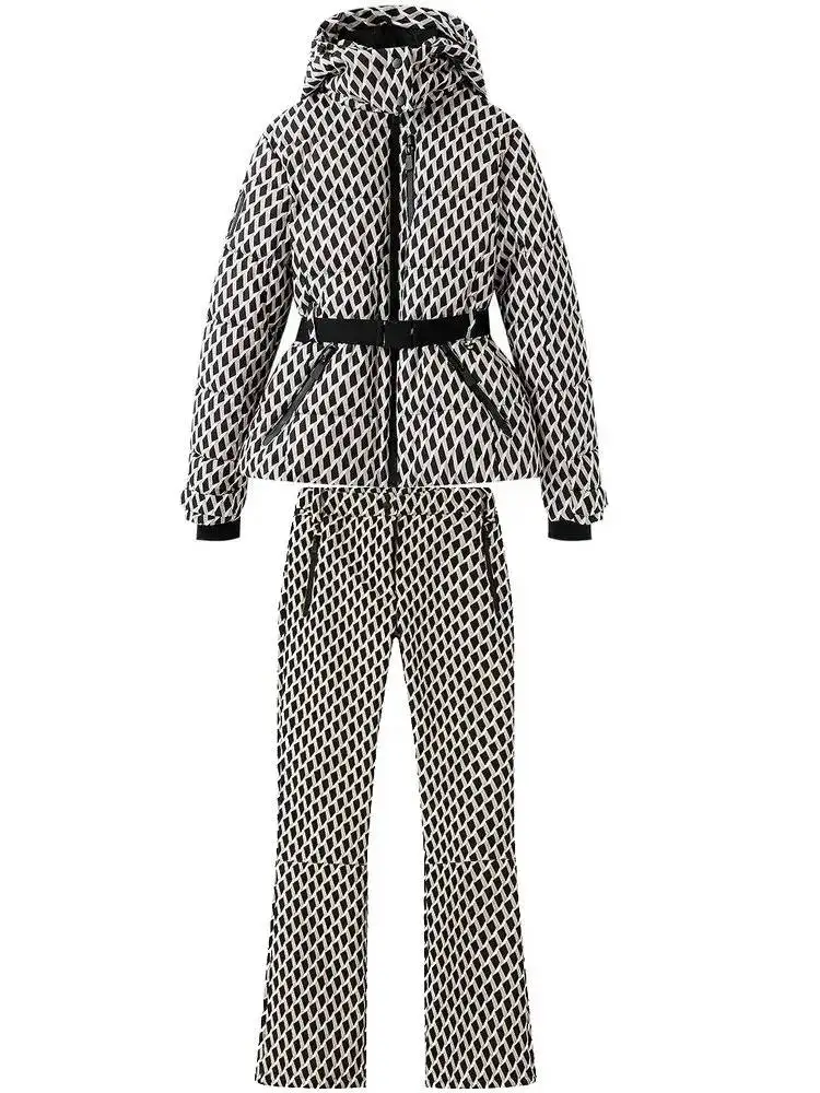 

2025 женские зимние спортивные парки с капюшоном и подкладкой, комплект из 2 предметов, женские элегантные теплые ветрозащитные лыжные пальто с поясом, куртки, брюки