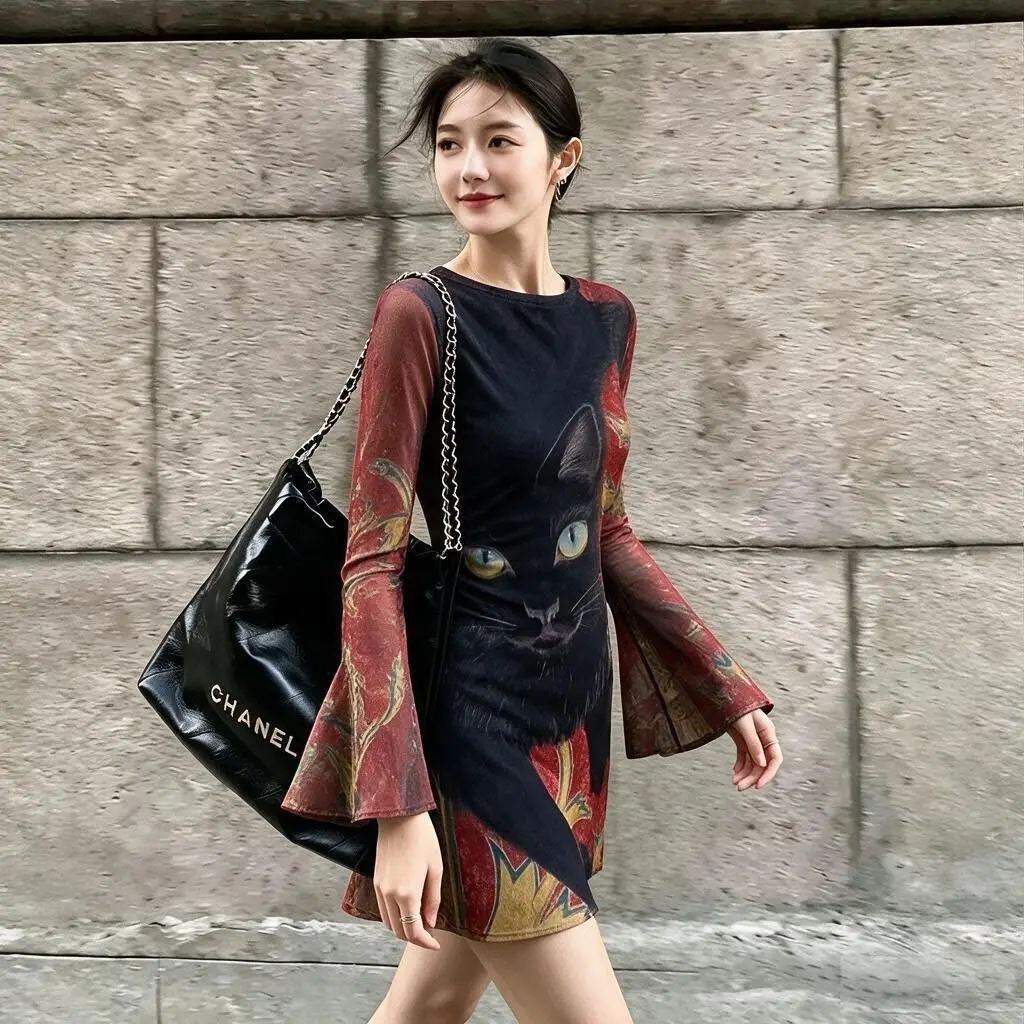 Y2K Millennium Spicy Girl Black Print Mesh Bell Sleeve Dress Women's New Chinese Waist Inward Slim A-Line Short Skirt Autumn