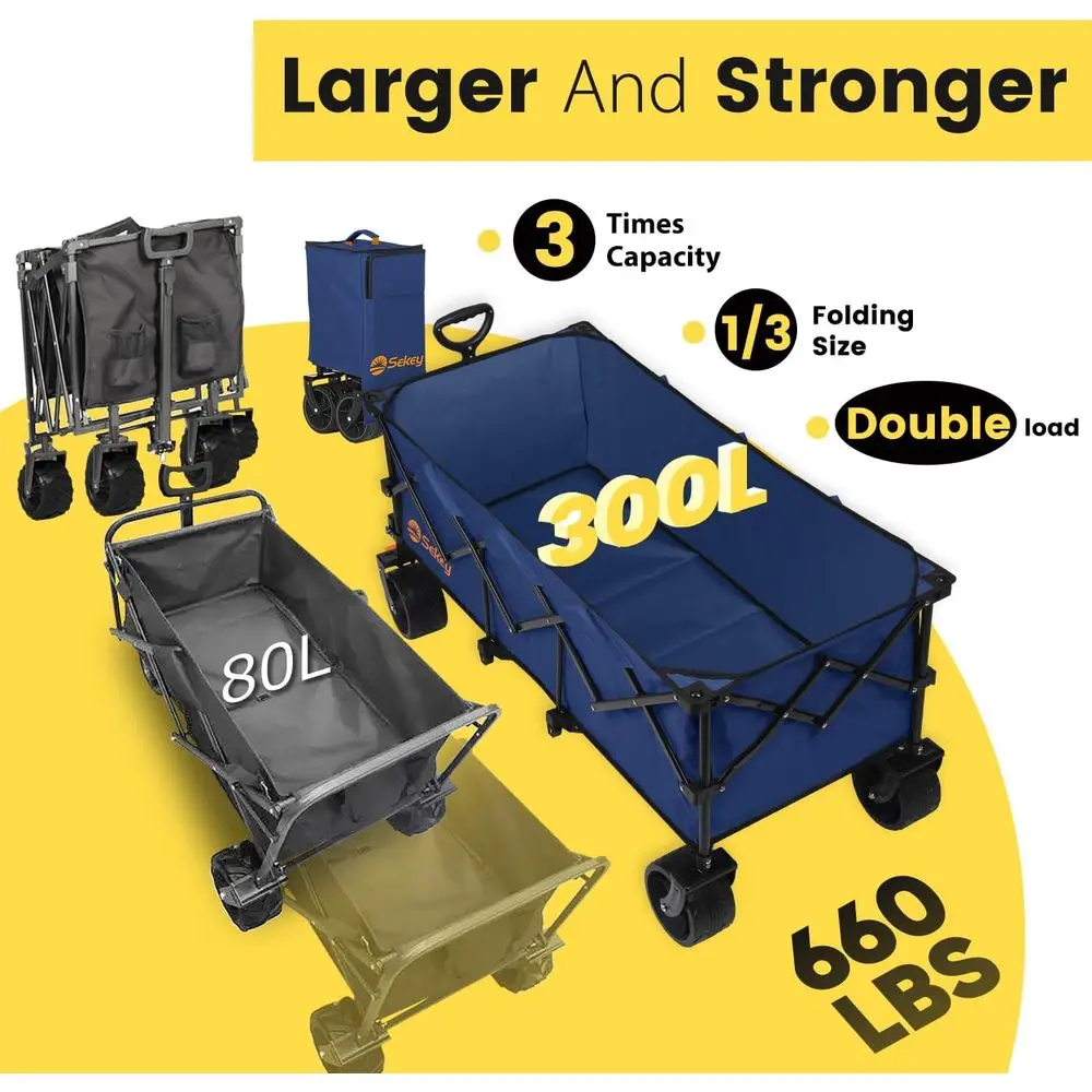 Durable Collapsible Utility Wagon with 660lbs Capacity, All-Terrain Tires & Drink Holders, Navy Blue