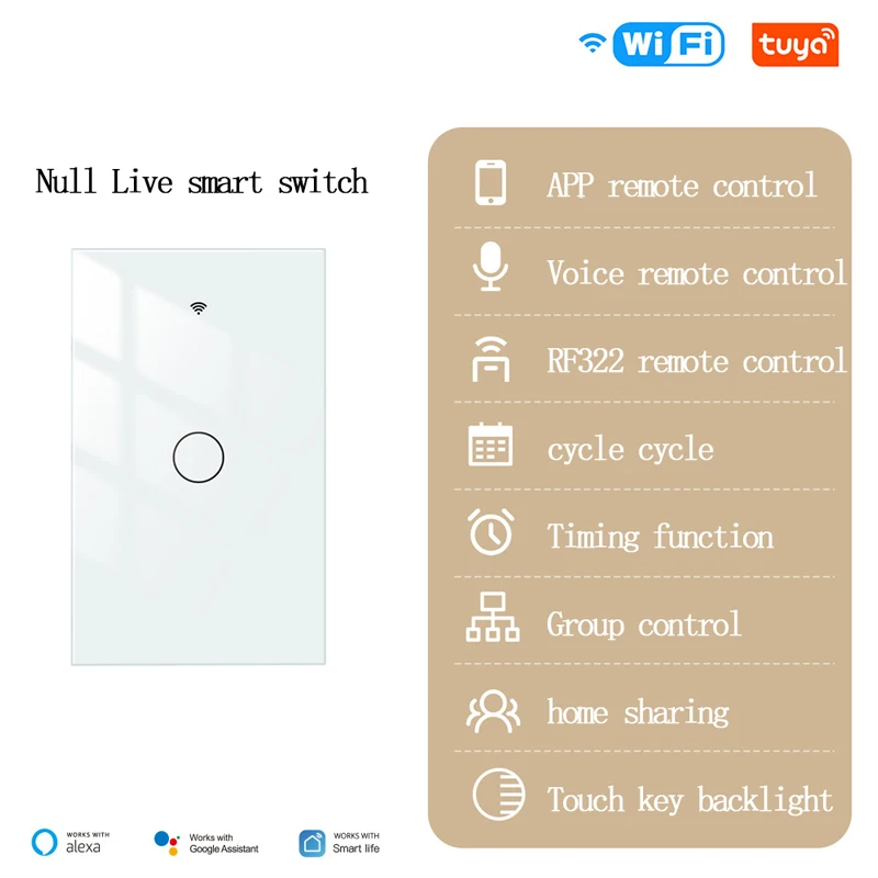 WiFi Tuya Smart Home Light Control Switch Null Live US and Eu App Remote Control Timing Touch Smart Switch RF433 Free Sticker