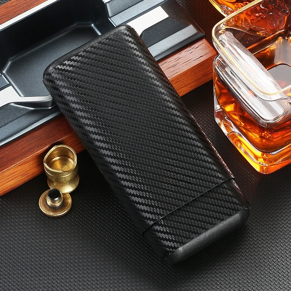 Carbon Fiber Cigar Leather Case, Portable Cigar Holder, Cedar Sealed Humidor, Travel Portable, 3 Pack, Moisturizer