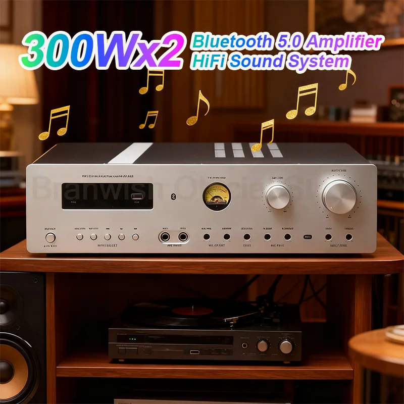 

300Wx2 Bluetooth 5.0 Amplifier HiFi Sound System 0.1% THD Amp MIC/USB/AUX/DVD/Optical/Coaxial For Home Karaoke Theater DJ Stage