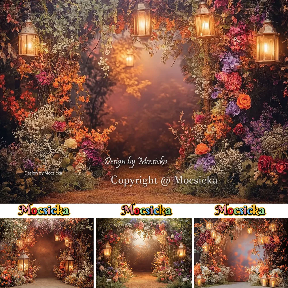 Mocsicka الملونة الأزهار الكرمة خلفية التصوير قوس فانوس الدافئة مضاءة رومانسية خلفية زوجين الزفاف صورة استوديو الدعامة #1
