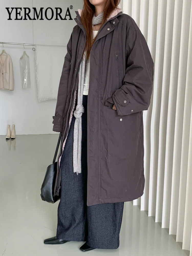 YERMORA Women's Reversible Drawstring Waist Thick Trench Lapel Long Sleeve Loose New Windbreaker Fashion Tide Autumn Winter 2025