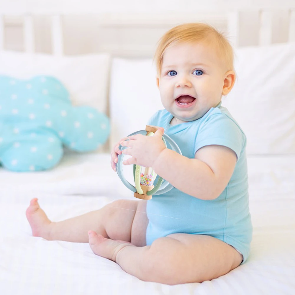 Hochet en Bois avec Tambour de Pluie en Silicone pour Bébé, Jouet Multifonction avec Toucher Sensoriel pour Nouveau-né, Nouveauté, Cadeau