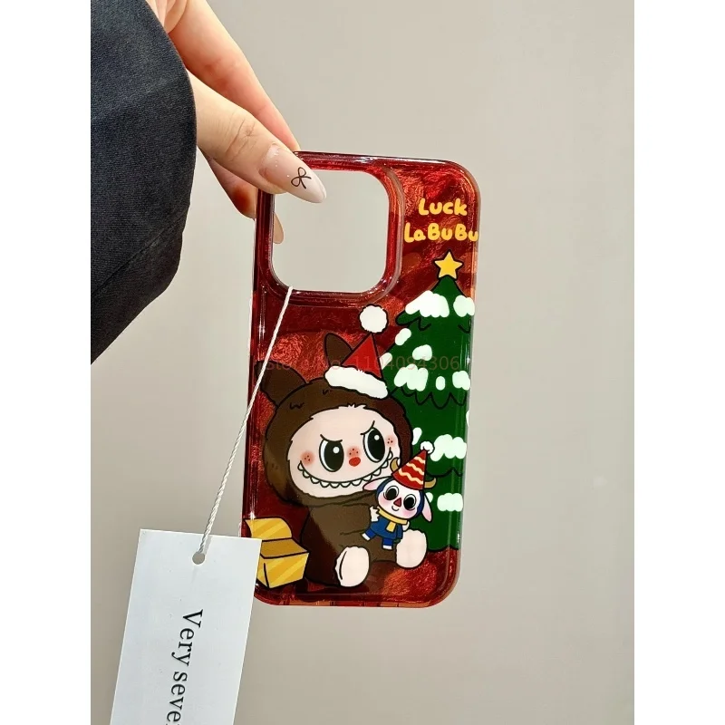 Funda de teléfono con patrón de Labubu de Navidad de dibujos animados para iPhone 12, 13, 14, 15 16 Pro Max, funda protectora a prueba de golpes, funda acrílica para regalos