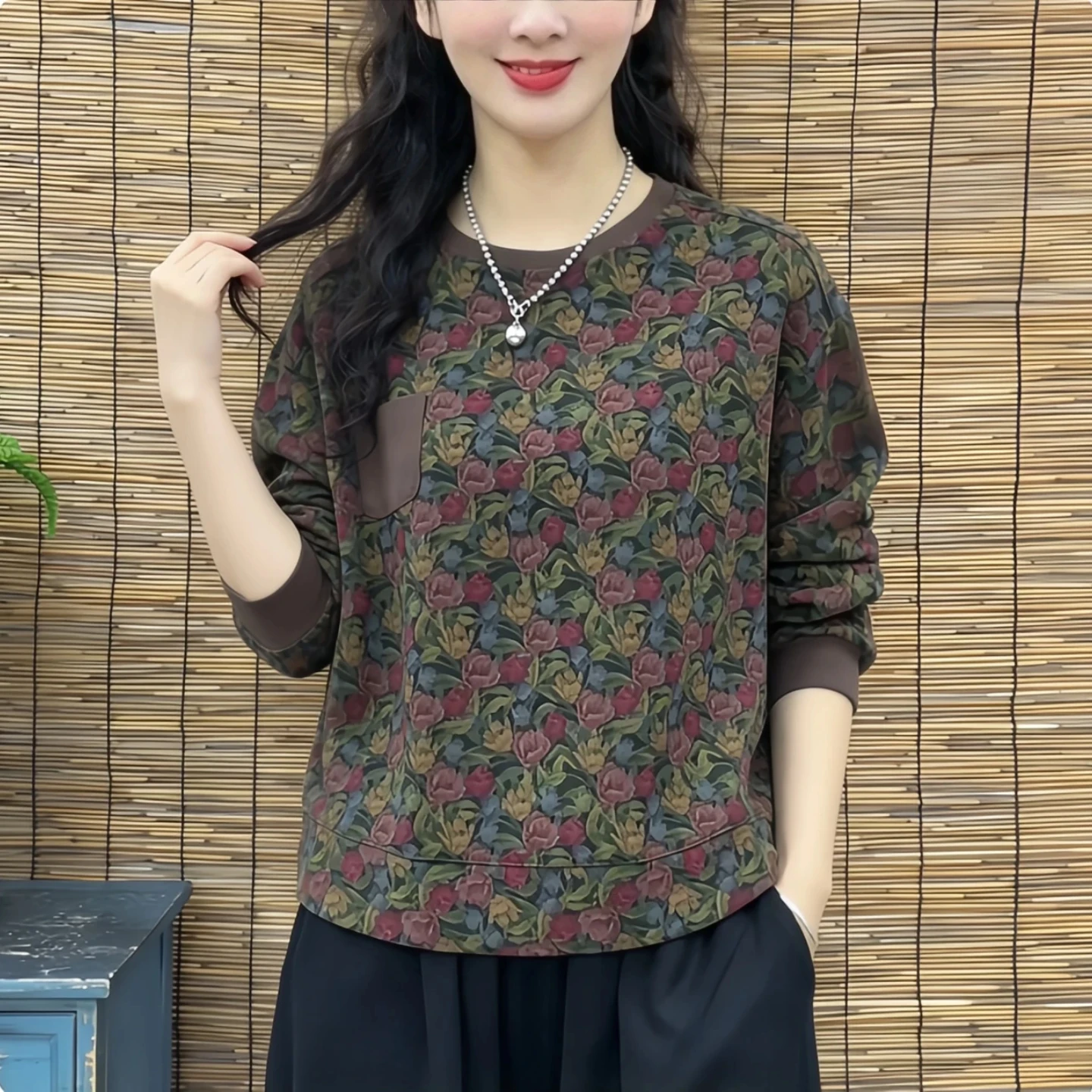 Double-Sided Velvet Long-Sleeve T-Shirt Women's round Neck Vintage Print Casual Versatile Loose Fit Anti-Aging Top