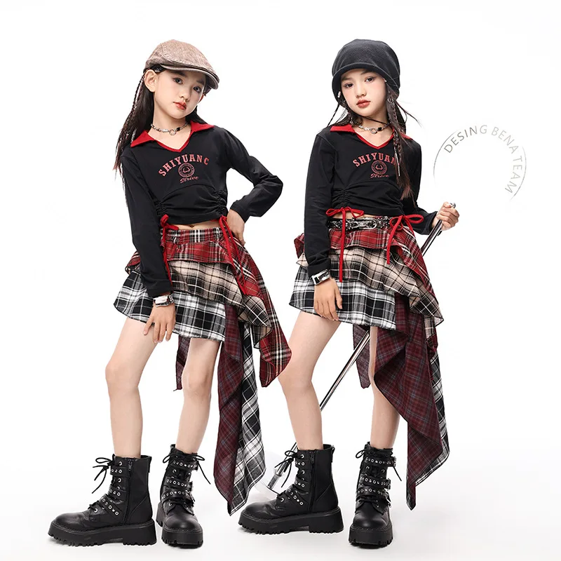 Cooles Street Dance-Outfit für Mädchen, Jazz-Hip-Hop-Kostüm, Schnürung, plissiert, kurzärmelig, Rock, Hip-Hop-Kleidung, Tanz-Übungskleidung