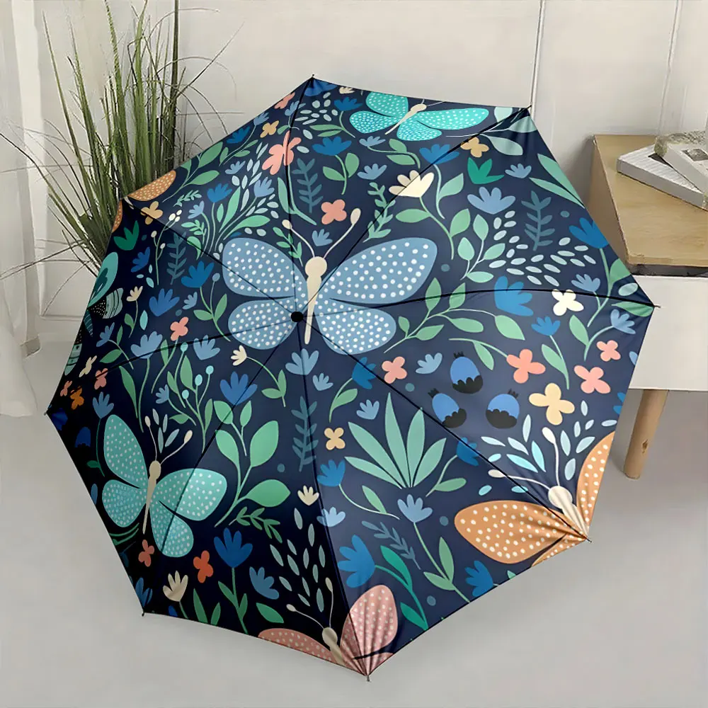 1PC Elegant Floral and Butterfly Pattern Umbrella Print 8 Iron Ribs Folding Umbrella Auto-Open Fashion Sunshade