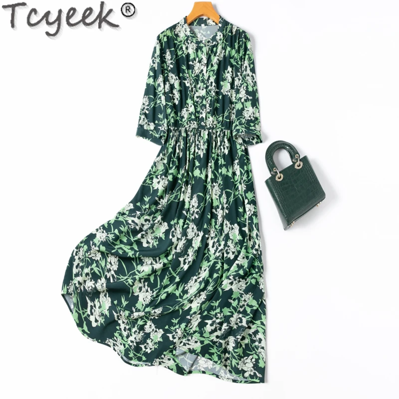 

Tcyeek 93% Mulberry Slik Dresses for Women Elegant Women's Dress Elastic Waist Spring Summer Clothes Vacation Style Long Dress