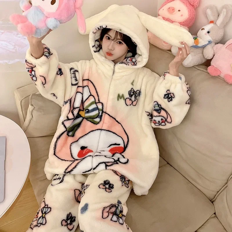 Sanrio Cartoon Hallo Kitty Pyjamas Weibliche Flanell herbst Winter Neue Plus Verdicken Samt Süße Warm Halten Pyjamas set freizeit tragen