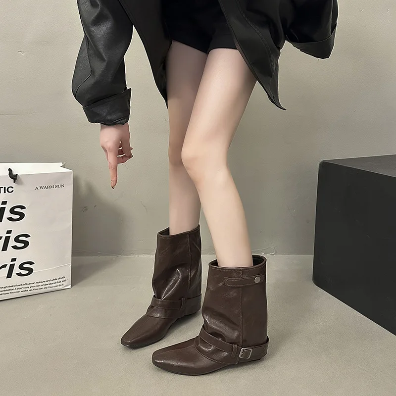 Khaki short boots French boots autumn niche design Western pile boots Knight boots