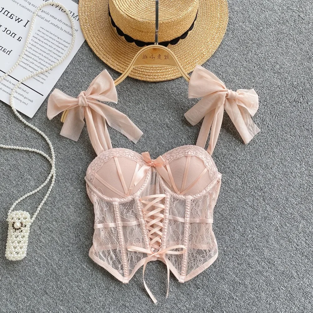 Spaghetti Strap Tank Top for Women Strapless Build in Bra Lace Patchwrok Tulle Bow Camis Summer Casual Female Camisoles Dropship