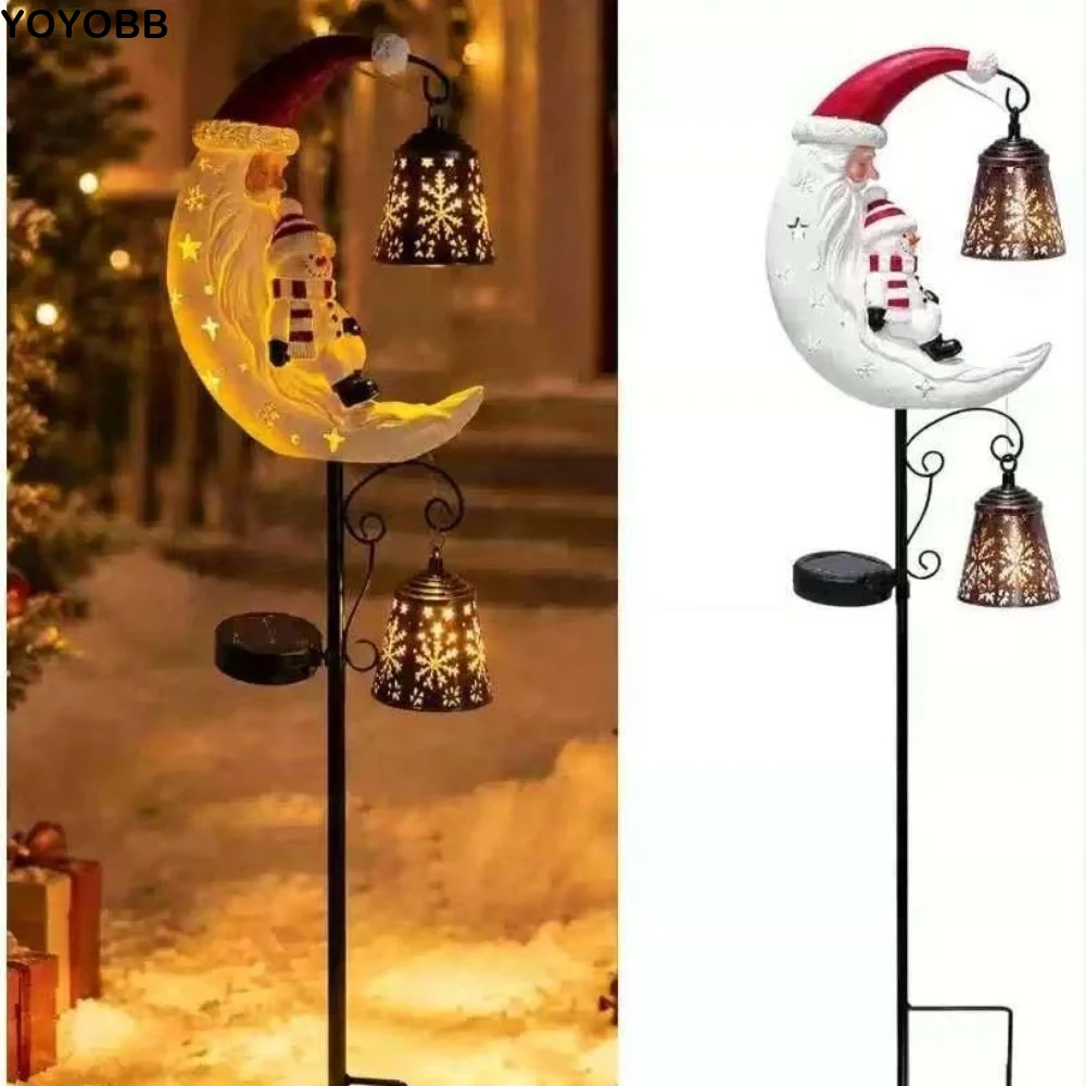 LED Glowing Christmas Moon Solar Stake Light with Bell Waterproof Xmas Garden Stake Lamp Hollow Lantern Iron Metal