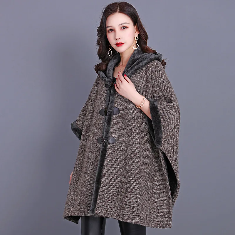 New Faux Rabbit Fur Collar Two Layered Cape Knitted Cardigan Gradient Shawl Women Big Pendulum Loose Streetwear Overcoat Wh9