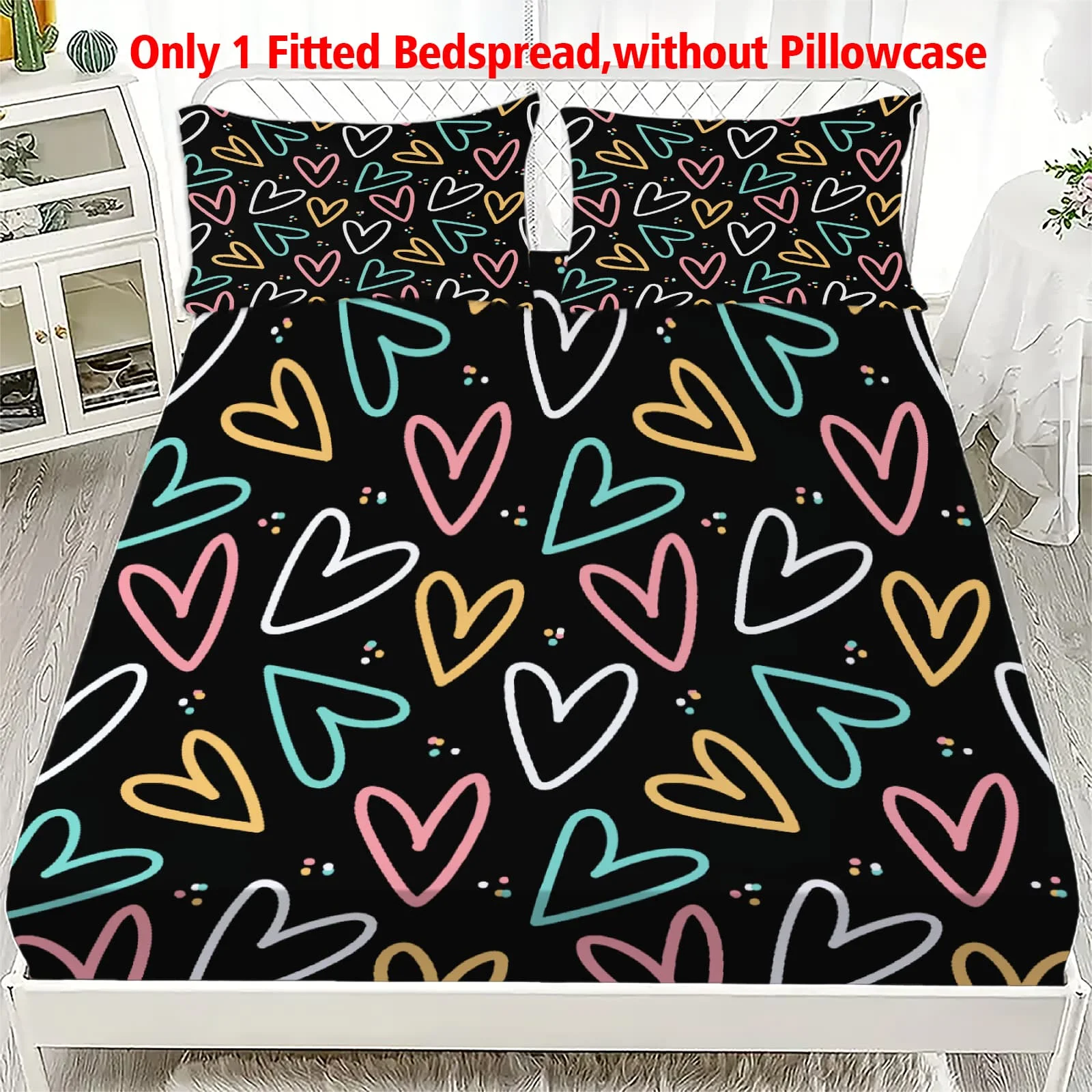 1-Pc Colorful Heart Doodle Bed Sheet -100% Polyester, Digital Print, Breathable All-Season Fitted Sheet and Pillowcase Set